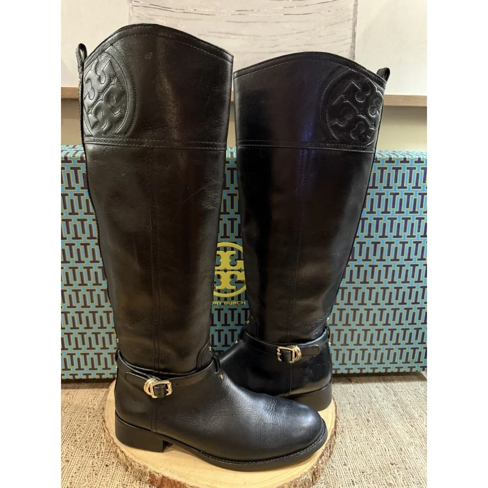 Tory Burch Marlene Black Leather Full‎ Zip Knee High Riding Boots Buckle 8 550$